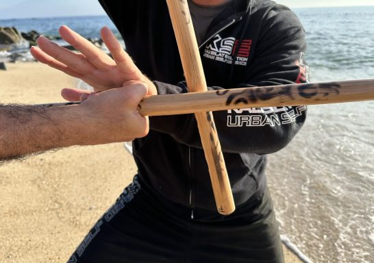 Zwei Personen kämpfen mit Stöcken am Strand, der Ozean im Hintergrund.